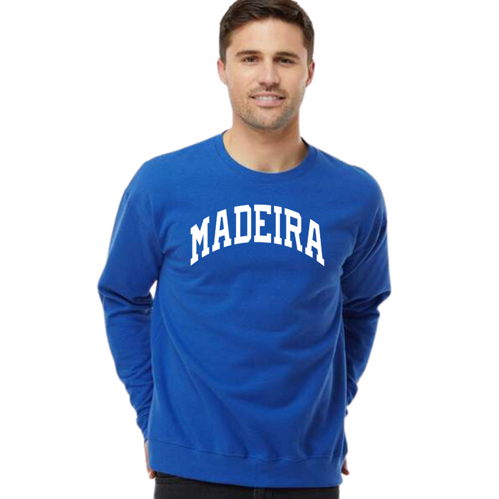 White Curved Madeira Crewneck Sweatshirt on Royal Blue--Lemons and Limes Boutique