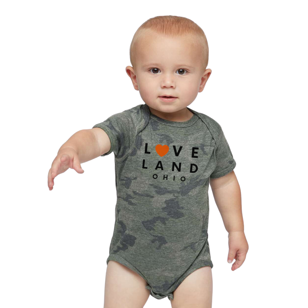 Loveland Heart Short Sleeve Body Suit on Camo--Lemons and Limes Boutique