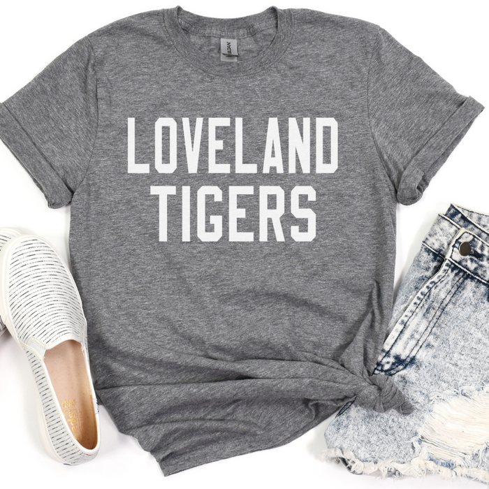 Loveland Tigers Short Sleeve Tshirt on Deep Heather Grey-Lemons and Limes Boutique