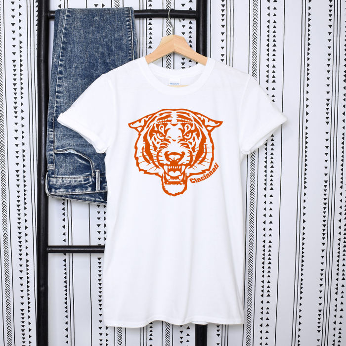 Orange Fierce Tiger Face T-Shirt on White-Graphic Tee-Lemons and Limes Boutique