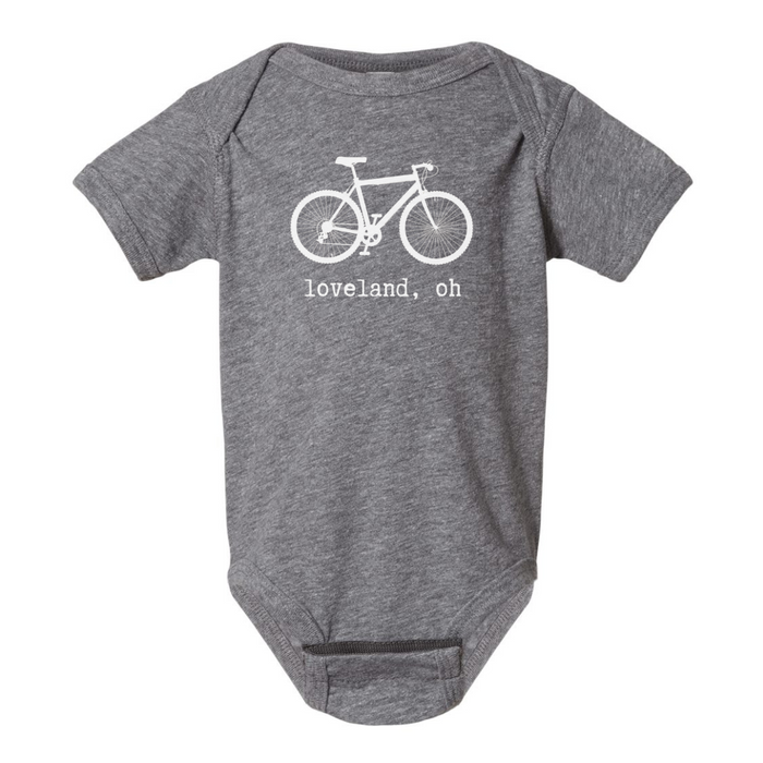 Loveland, Oh Bike Short Sleeve Body Suit on Deep Heathered Grey-Lemons and Limes Boutique