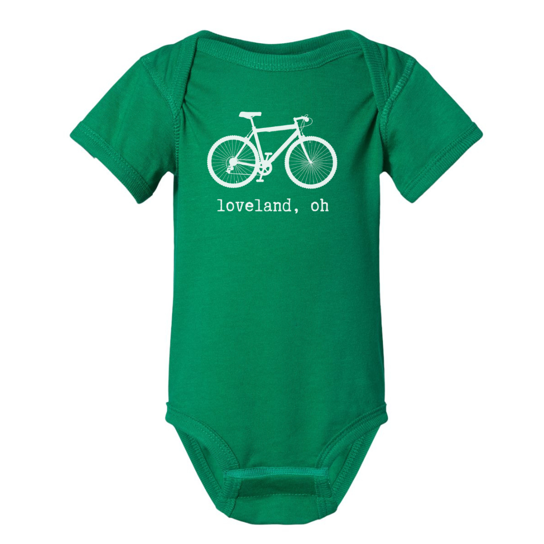 Loveland, Oh Bike Short Sleeve Body Suit on Green--Lemons and Limes Boutique