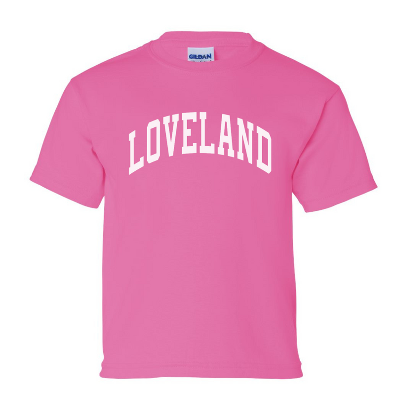 Loveland Curved Block Classic Tee on Bright Pink-YOUTH--Lemons and Limes Boutique