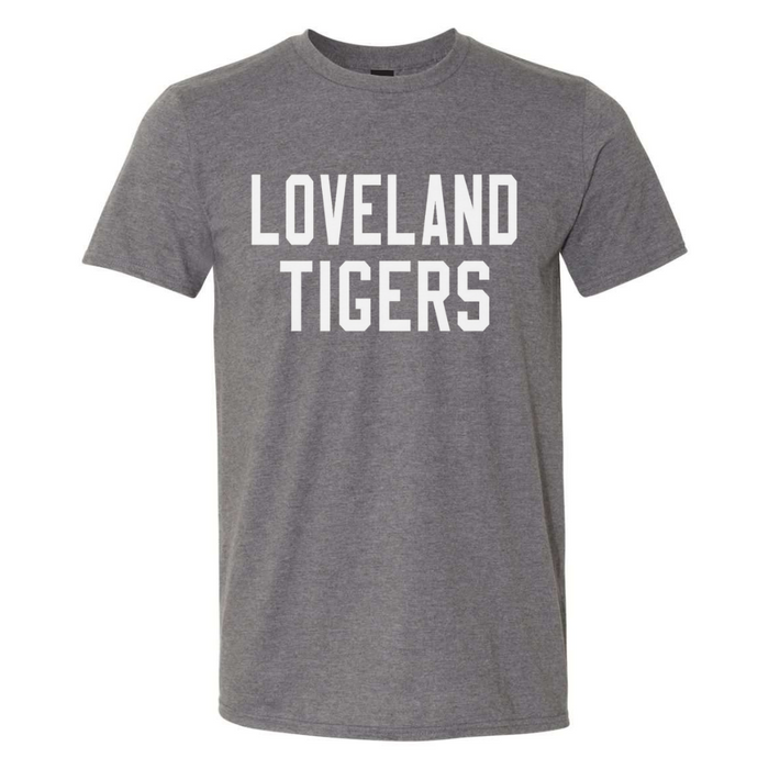 Loveland Tigers Basic T-Shirt on Heather Gray--Lemons and Limes Boutique