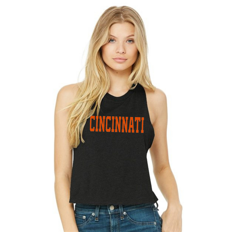 Cincinnati Cropped Muscle Tank on Black--Lemons and Limes Boutique