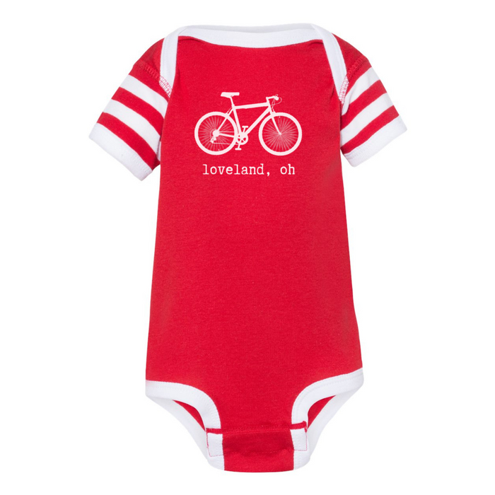 Loveland, Oh Bike Short Sleeve Body Suit on Red and White--Lemons and Limes Boutique