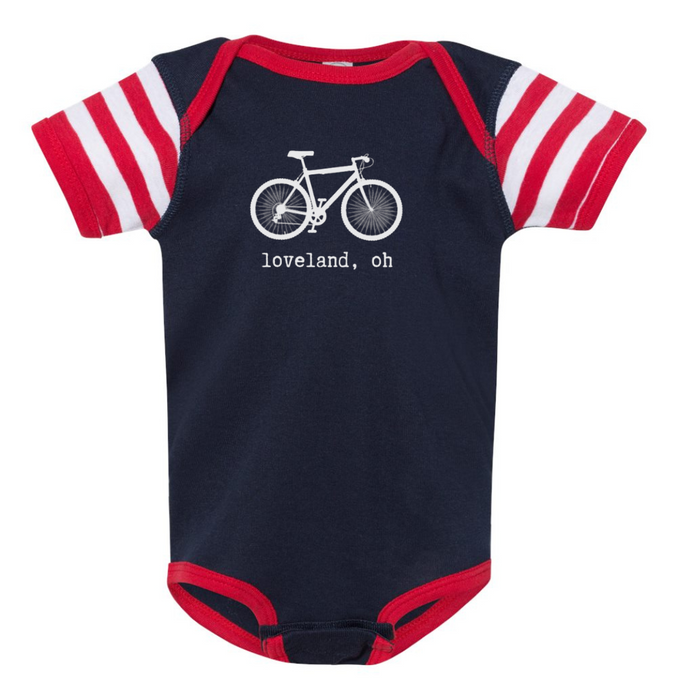 Loveland, Oh Bike Short Sleeve Body Suit on Red White and Blue--Lemons and Limes Boutique