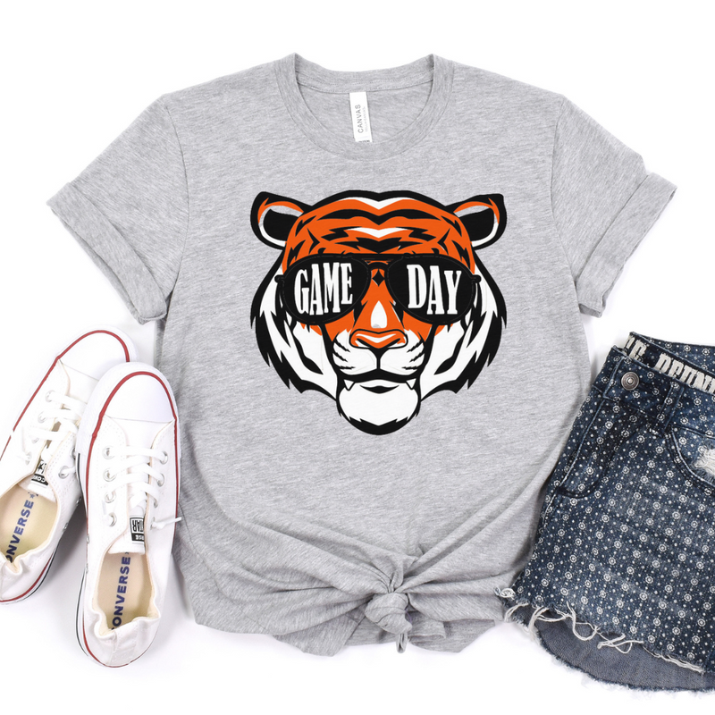 Game Day Tiger with Sunglasses T-shirt on Athletic Grey--Lemons and Limes Boutique