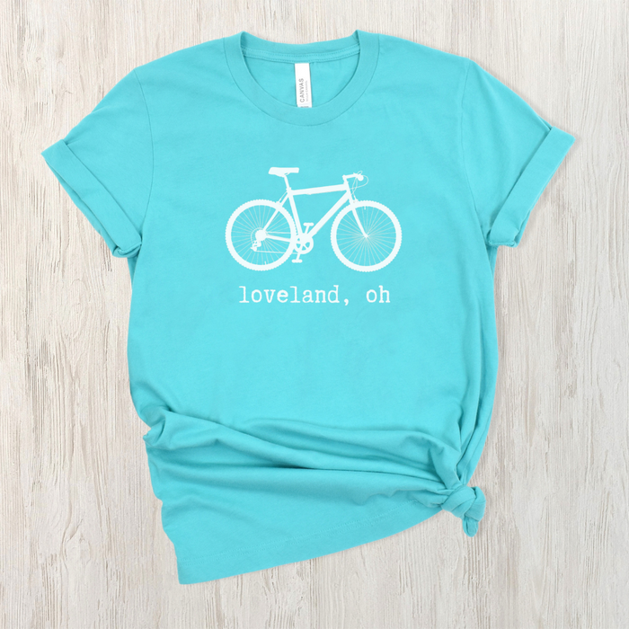 Loveland Oh Bike on Aqua Short Sleeve TShirt--Lemons and Limes Boutique