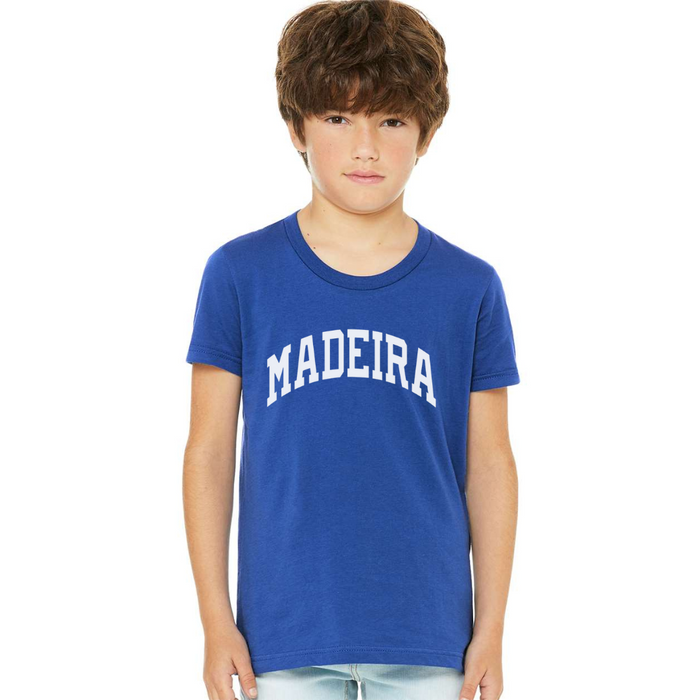 Madeira Curved White on Blue TShirt YOUTH--Lemons and Limes Boutique