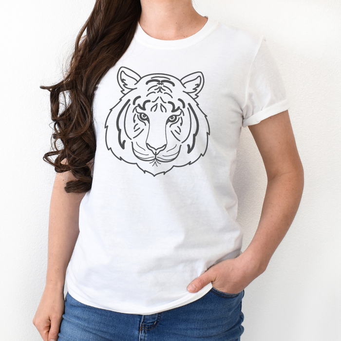 Black Tiger Face T-Shirt on White-Graphic Tee-Lemons and Limes Boutique