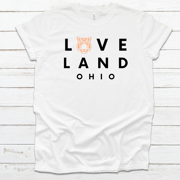Loveland Ohio Tiger Face T-shirt on White--Lemons and Limes Boutique