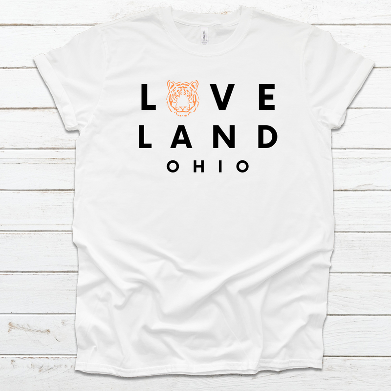 Retired Design Loveland Ohio Tiger Face T-shirt on White--Lemons and Limes Boutique