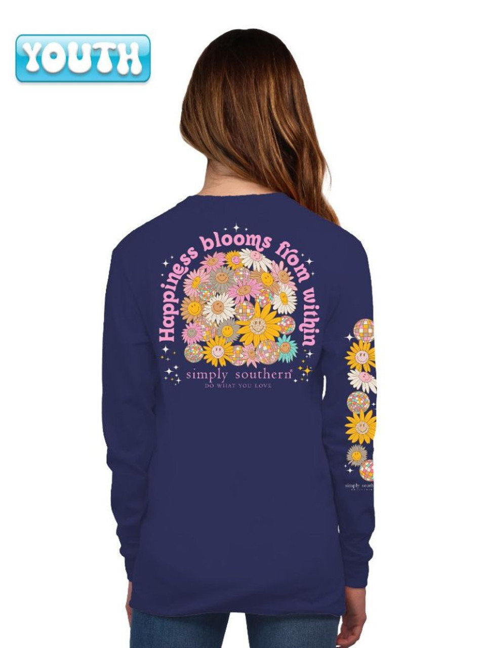 Youth Long Sleeve Happiness Blooms Tee Shirt in Denim Heather by Simply Southern-Lemons and Limes Boutique