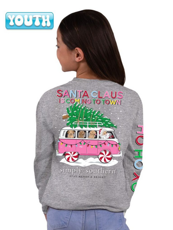 Youth Long Sleeve Santa Bus Tee in Gray by Simply Southern--Lemons and Limes Boutique