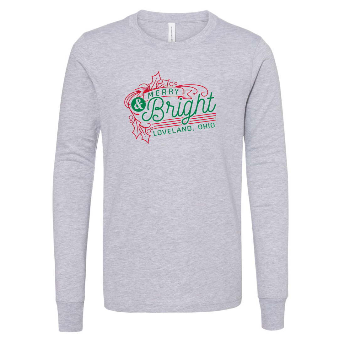 Merry and Bright in Loveland Long Sleeve T-Shirt on Grey Long Sleeve T-Shirt-Lemons and Limes Boutique