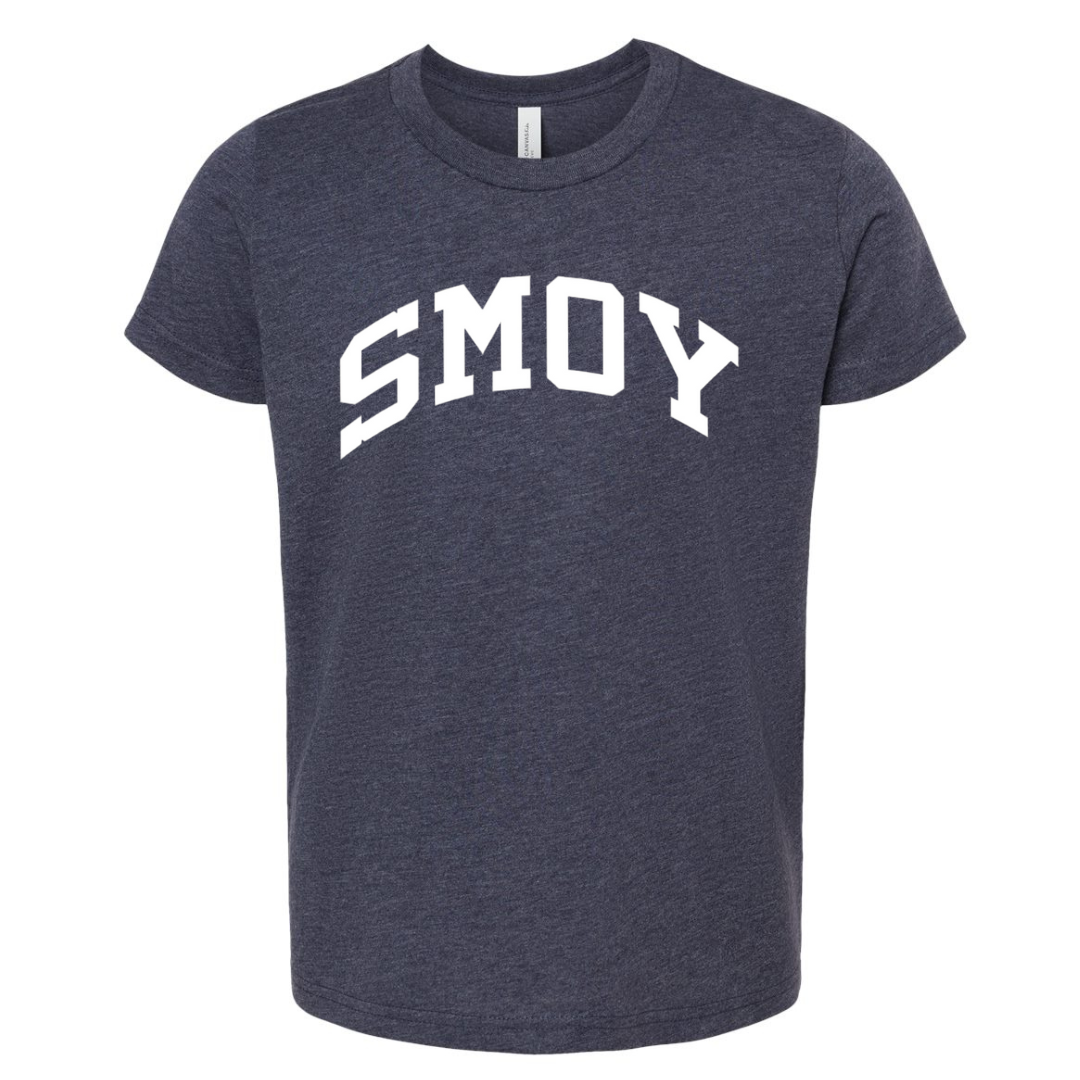 SMOY White Curved Block on Short Sleeve Tee - Youth-Heather Navy-Youth Small-Lemons and Limes Boutique