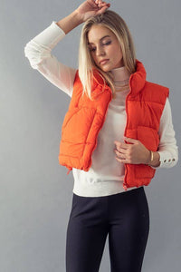 Stand Up Collar Quilt Cropped Puffer Vest in Tomato--Lemons and Limes Boutique