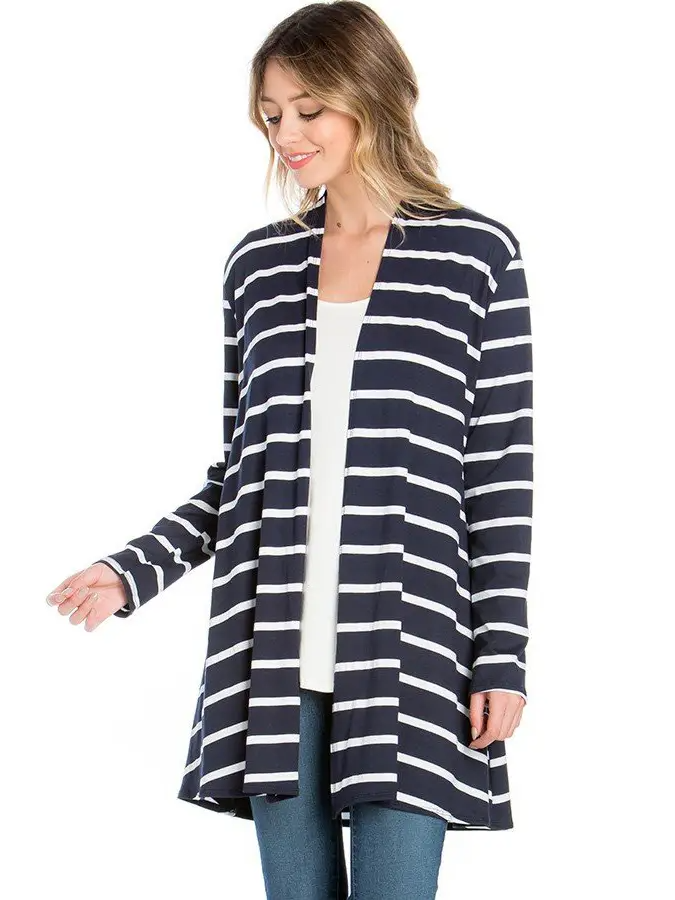 Long Sleeve Cardigan in Navy with White Stripe--Lemons and Limes Boutique