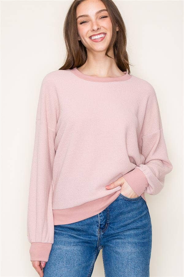 Crew Neck Rib Banded Long Sleeve Textured Terry Top in Blush--Lemons and Limes Boutique