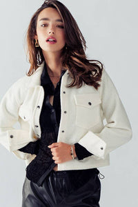 Bella Snap Button Semi Crop Teddy Jacket in Ivory--Lemons and Limes Boutique