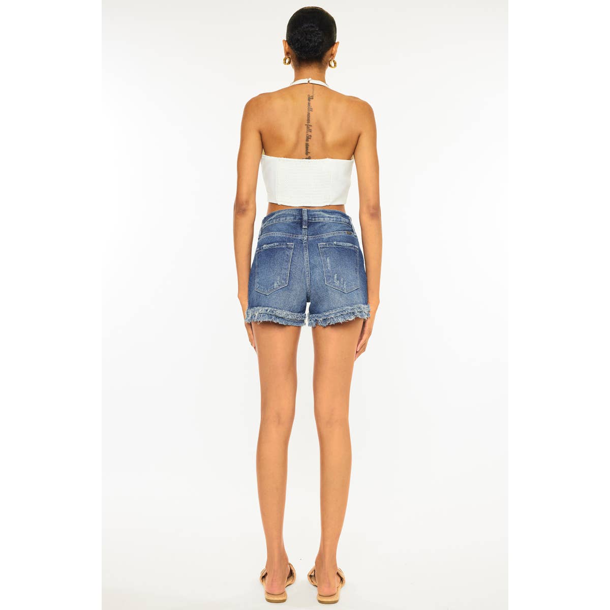 Sasha High Rise Fray Hem Denim Shorts In Medium Stone Wash Kan Can USA--Lemons and Limes Boutique