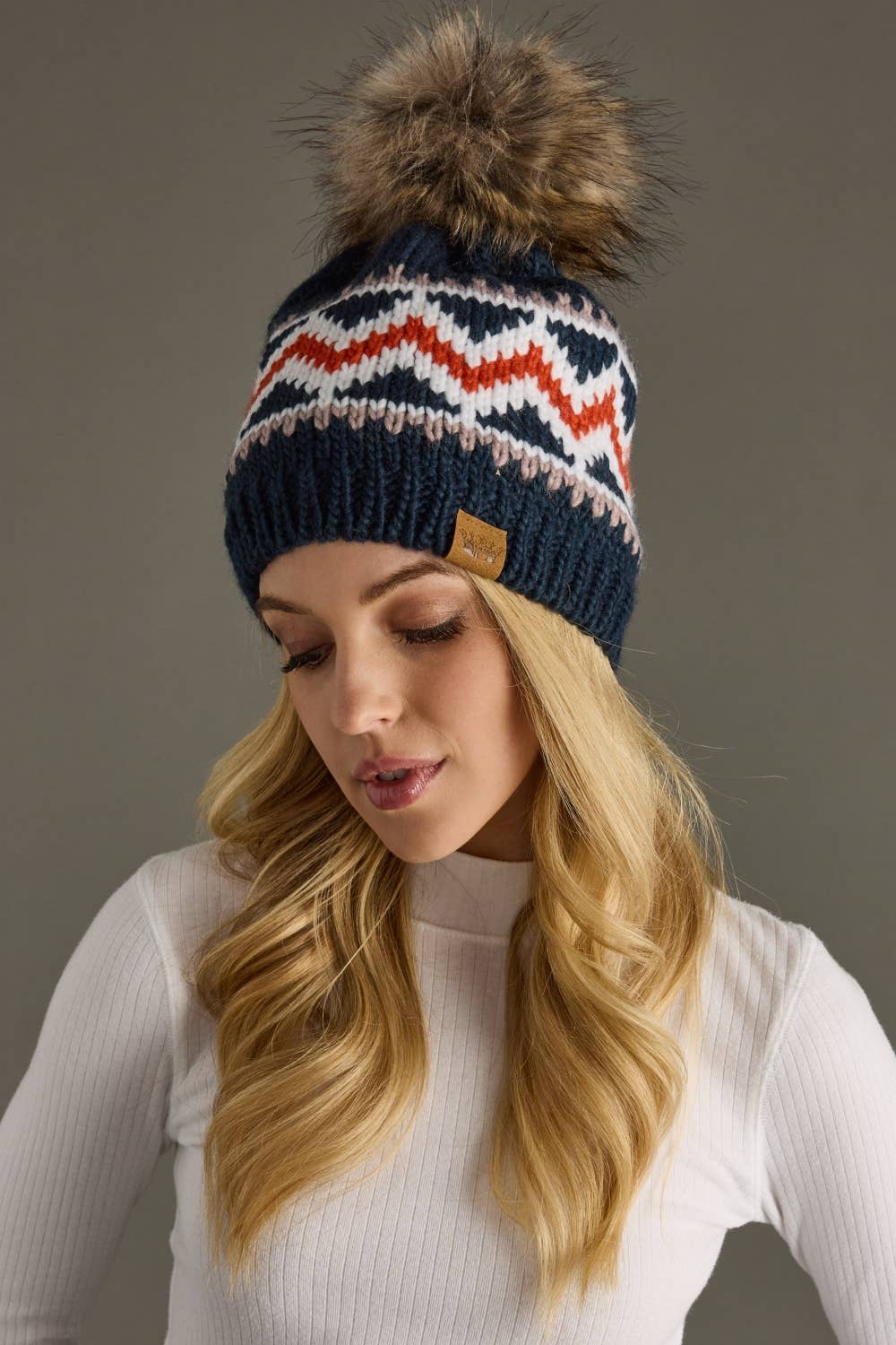 Dk. Navy, Red & White Patterned Pom Hat-Lemons and Limes Boutique