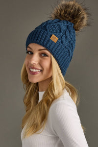 Steel Blue Cable Knit Pom Hat-Lemons and Limes Boutique
