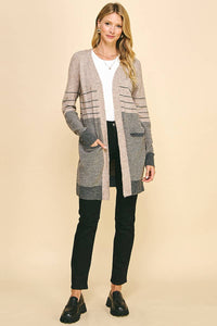 Color Block Stripe Open Cardigan in Oatmeal/Heather--Lemons and Limes Boutique