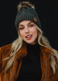 Dark Gray Cable Knit Pom Hat-Lemons and Limes Boutique