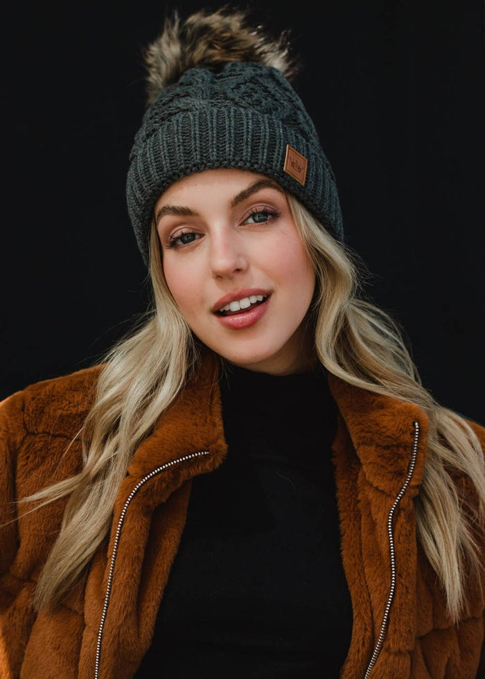 Dark Gray Cable Knit Pom Hat-Lemons and Limes Boutique