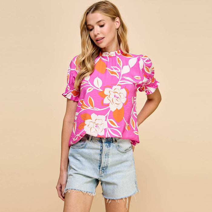 Floral Printed Top with Ruffled Neck Detail and Smocked Sleeve in Fuchsia--Lemons and Limes Boutique