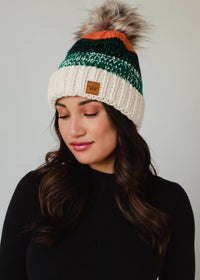 White, Green & Orange Patterned Pom Hat-Lemons and Limes Boutique