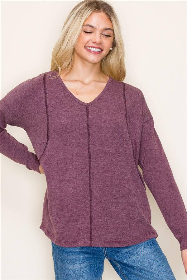 V-Neck Exposed Stitch Long Sleeve Knit Top in Plum--Lemons and Limes Boutique