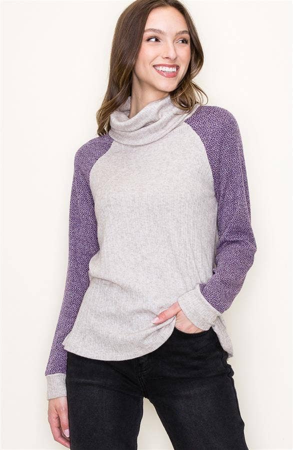 Slouchy Turtle Neck Long Raglan Sleeve Color Block Top in Oatmeal/Plum--Lemons and Limes Boutique