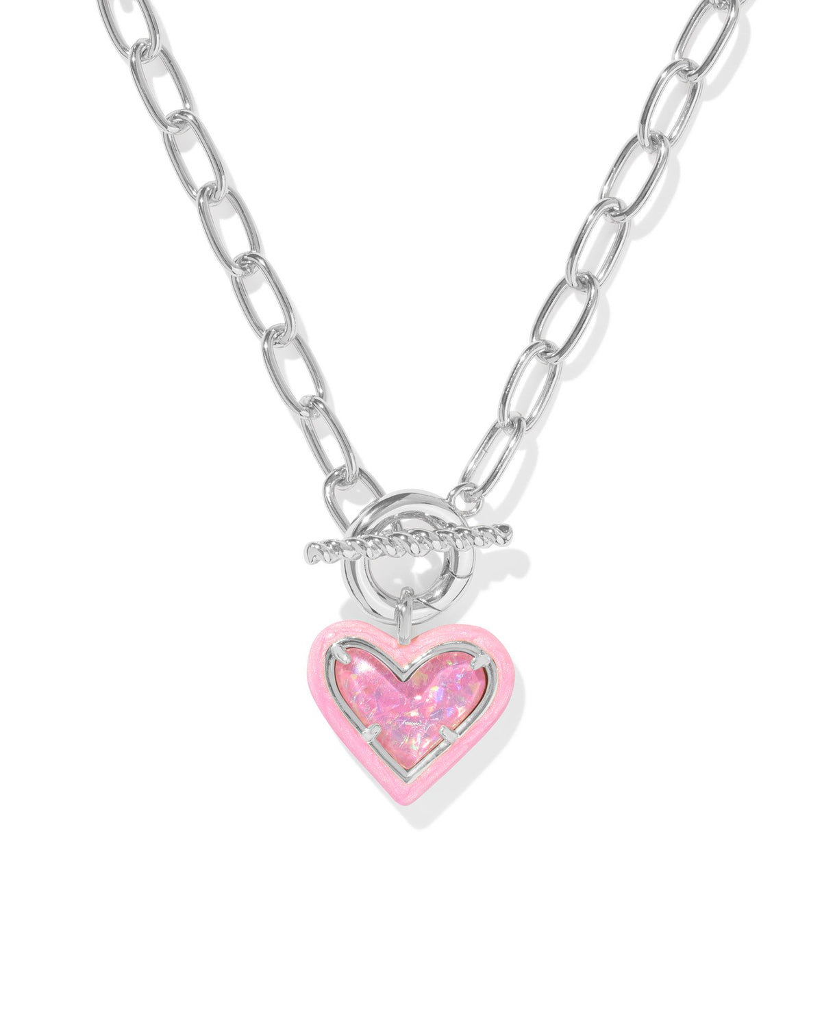 Ari Heart Enamel Frame Link and Chain Necklace in Silver Pink Iridescent Glitter by Kendra Scott-Lemons and Limes Boutique