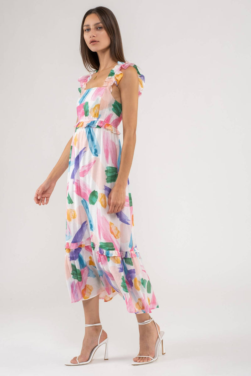 Brush Stroke Midi Dress in White Multi--Lemons and Limes Boutique