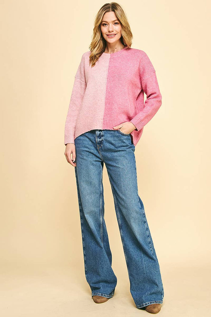 Split Colorblock Sweater in Pink & Pink--Lemons and Limes Boutique