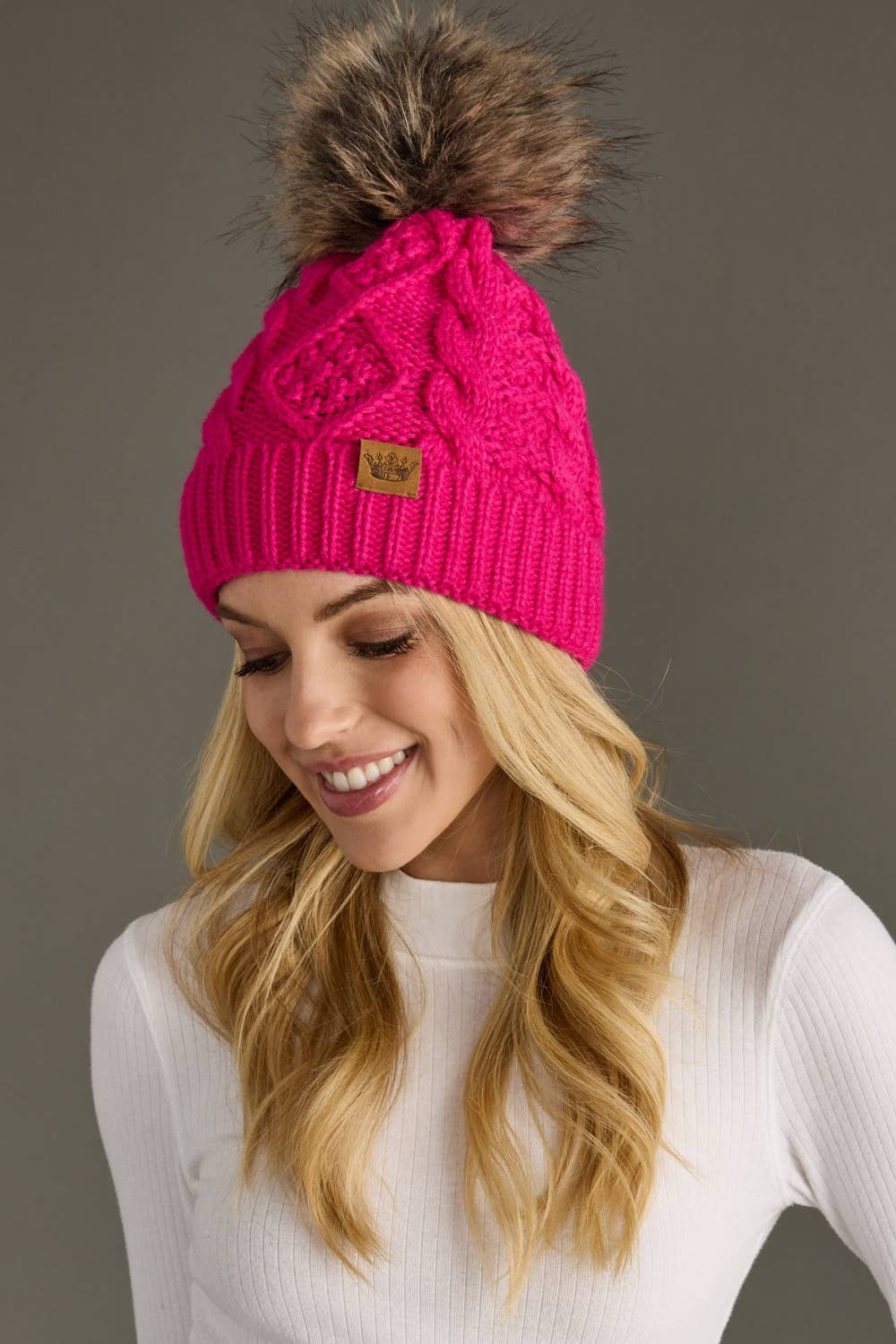 Bright Pink Cable Knit Pom Hat-Lemons and Limes Boutique