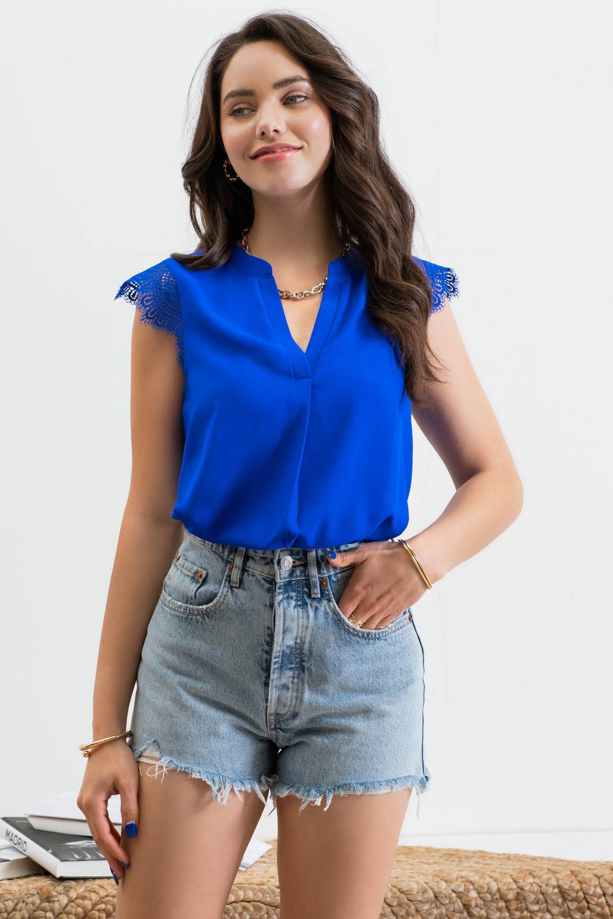Split Neck Trim Lace Sleeve Blouse in Royal Blue-Lemons and Limes Boutique