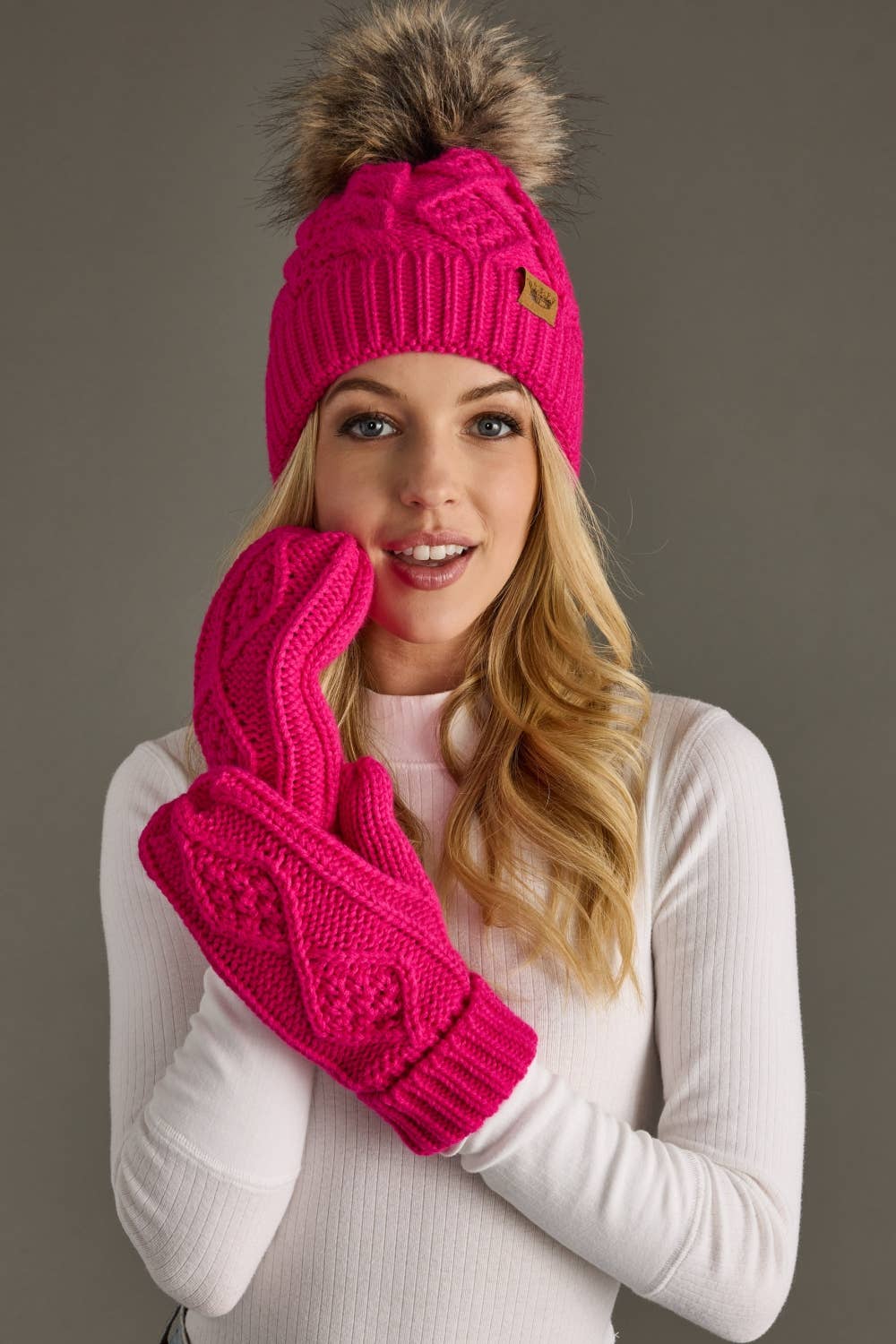 Bright Pink Cable Knit Pom Hat-Lemons and Limes Boutique