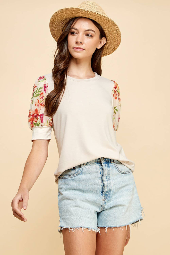 Floral Printed Sleeve Detailed Top in Seashell--Lemons and Limes Boutique