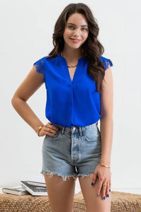 Split Neck Trim Lace Sleeve Blouse in Royal Blue-Lemons and Limes Boutique