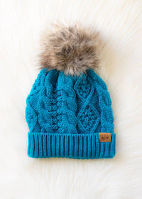 Sapphire Blue Cable Knit Pom Hat-Lemons and Limes Boutique