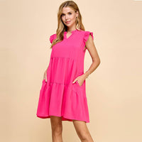 V Neck Ruffled Sleeves Solid Dress in Pink-Lemons and Limes Boutique