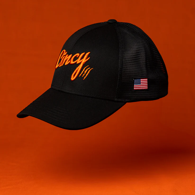 Mid-Crown Black Hat with Black Mesh Back and Orange Cincy Hat by The Cincy Hat-Lemons and Limes Boutique