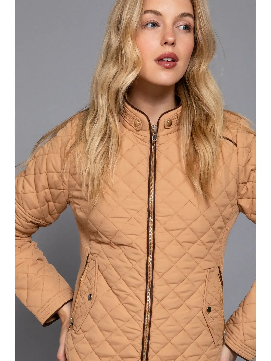 Suede Piping Detail Rib Quilted Padding Jacket in Caramel-Lemons and Limes Boutique