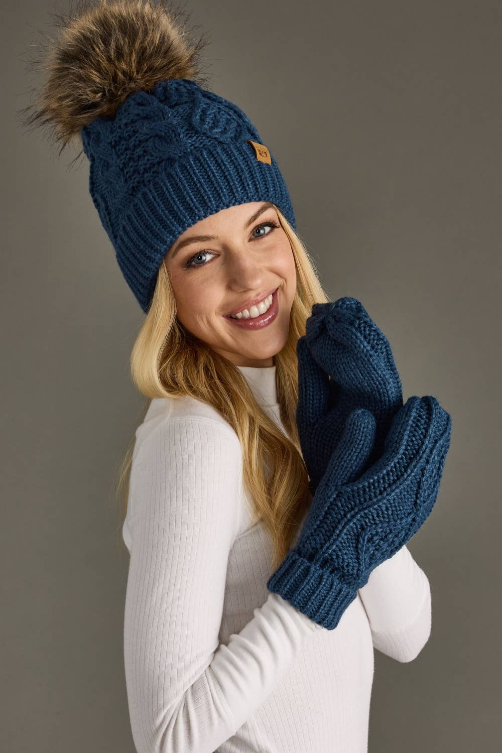 Steel Blue Cable Knit Pom Hat-Lemons and Limes Boutique
