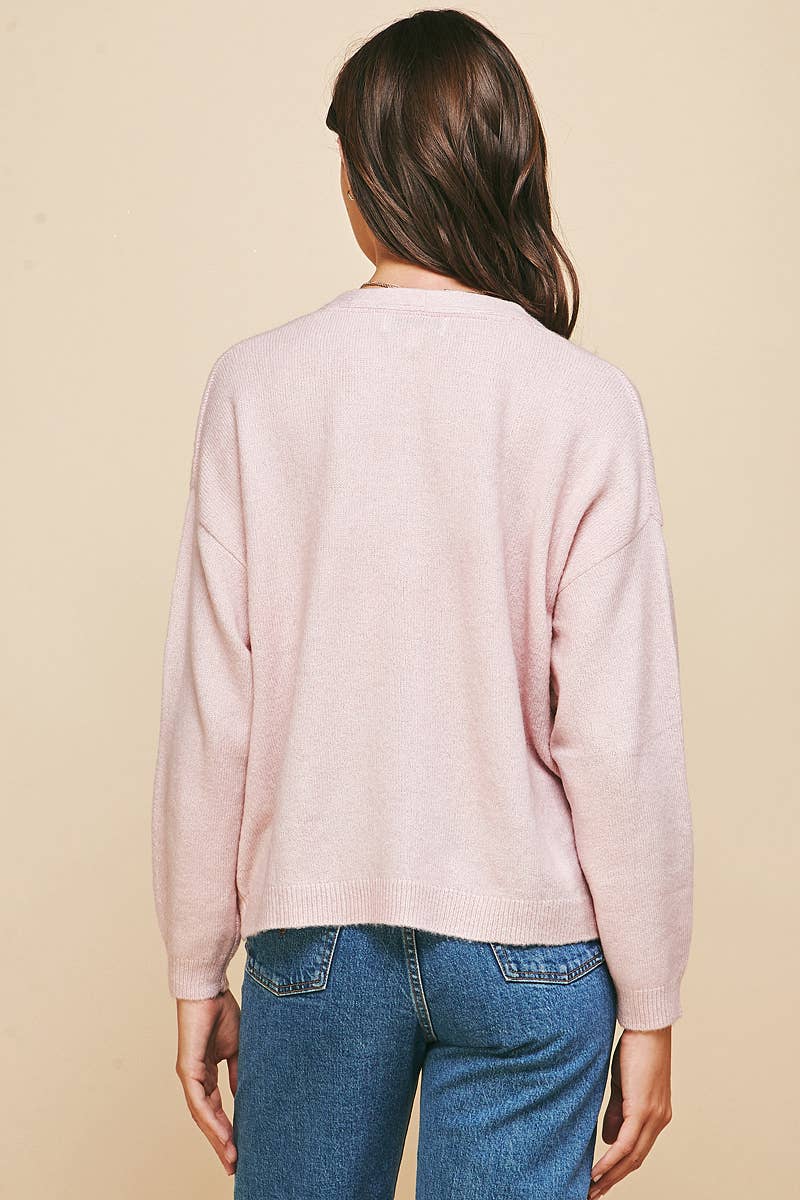 Deep Neck Long Sleeve Sweater in Pink-Lemons and Limes Boutique