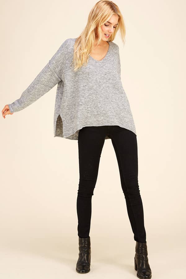 Soft V Neck Knit Sweater in Charcoal--Lemons and Limes Boutique